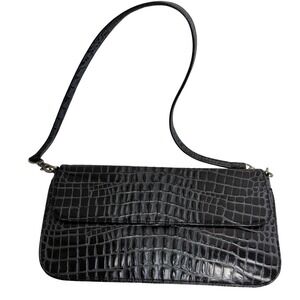 Preston & York Black Croc Embossed Leather Shoulder Bag Y2K Mini Baguette Purse
